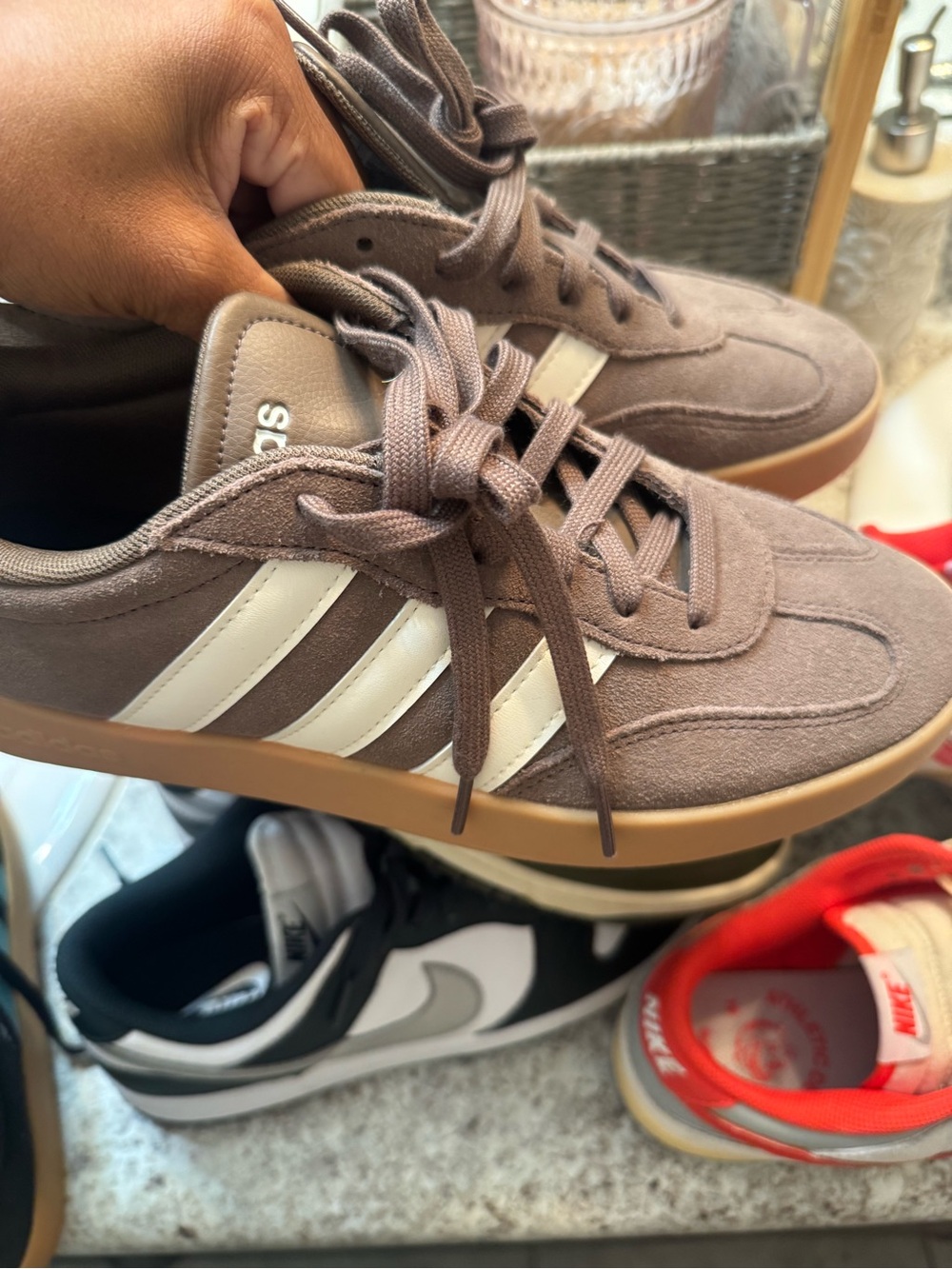 adidas Brown Suede Sneakers with White Stripes